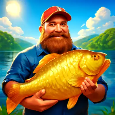 Een visser houdt een grote gouden vis vast in Blast the Bass van Belatra.