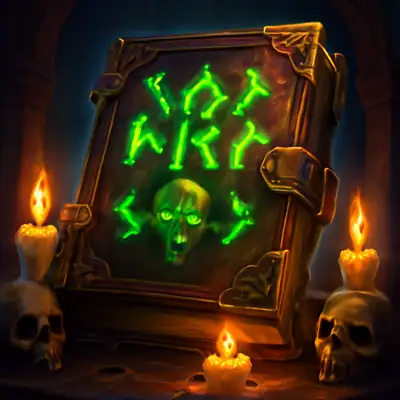Een oud grimoire met groene runen en schedels in Book of Doom van Belatra.